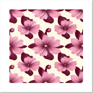 Dark red and pink floral pattern on pale background Posters and Art